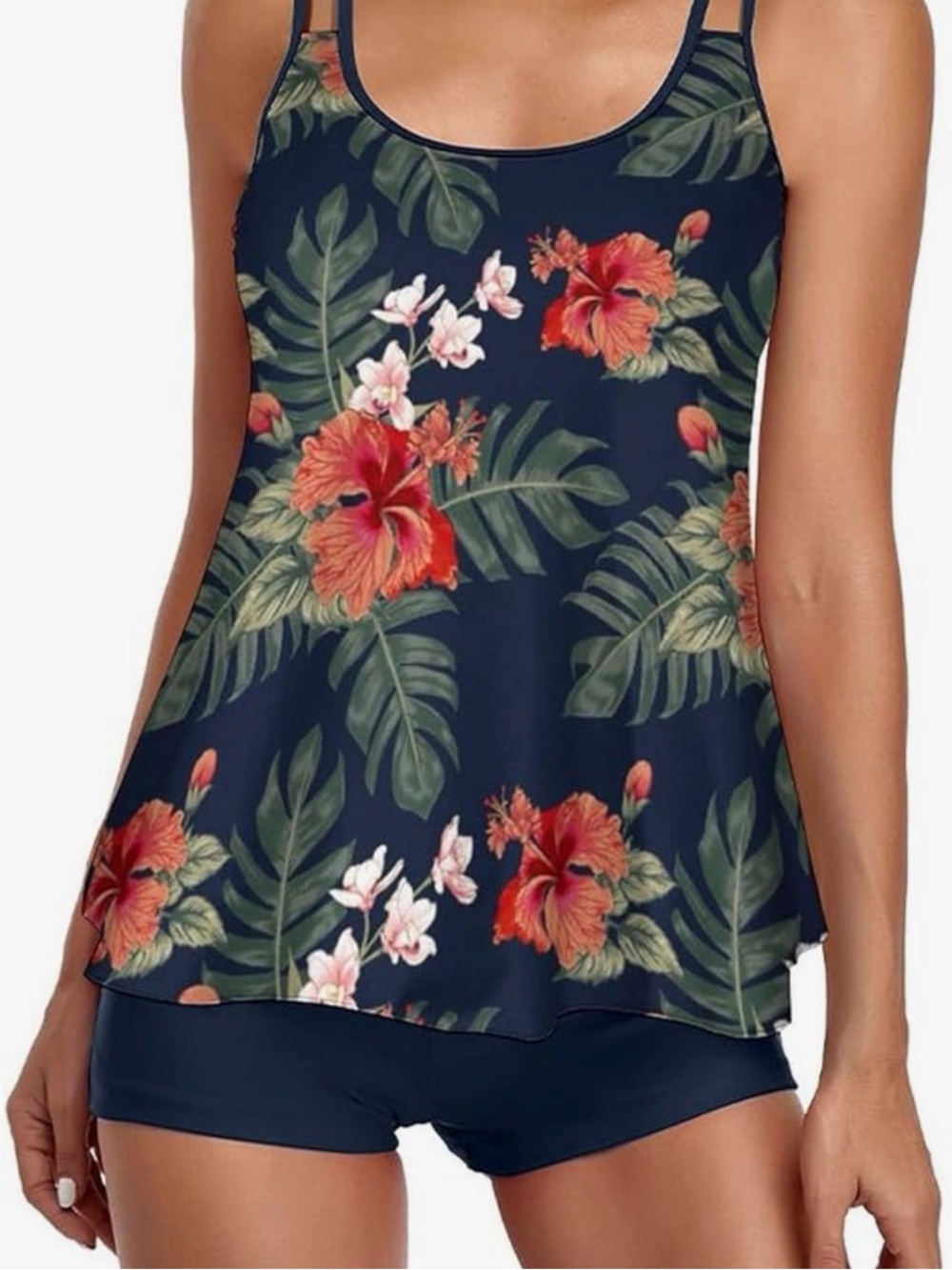 Navy Floral Tankini Top with Tropical Hibiscus Print